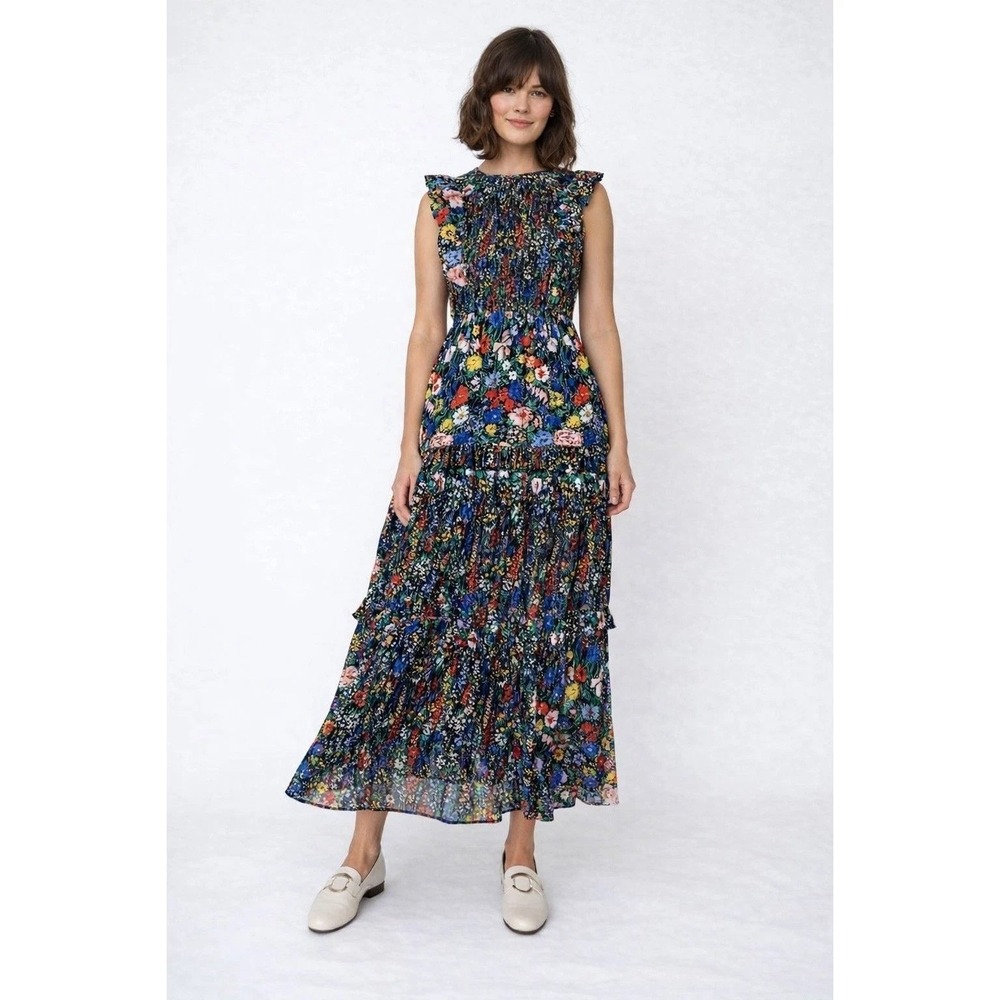 Banjanan Floral Tiered Smocked Maxi Dress XL Multicolor Cotton Cottage Prairie